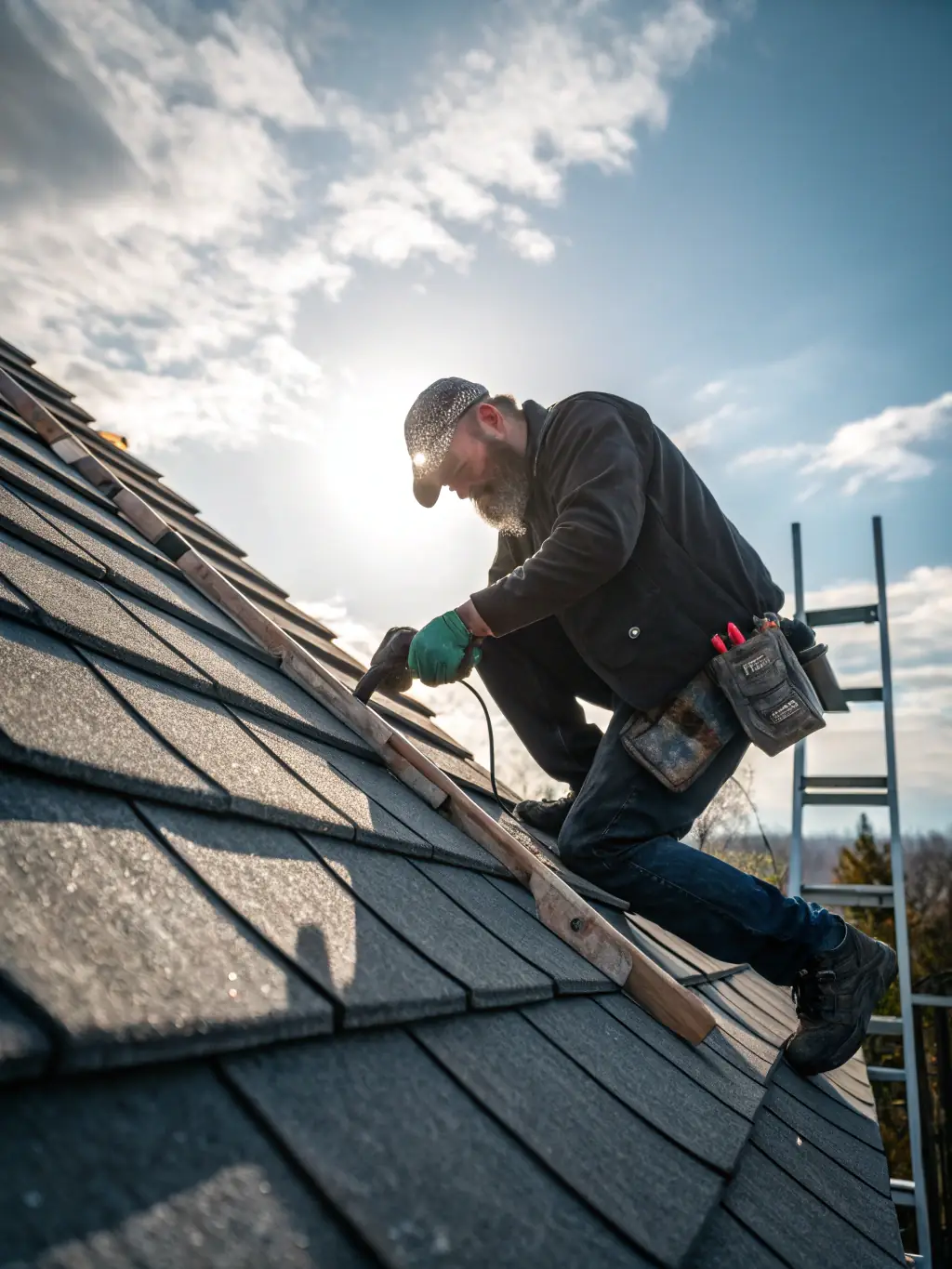 A close-up shot of a roofing technician repairing a damaged shingle on a roof, with tools and safety equipment visible, highlighting the precision and care taken during roof repair services by Up On Top Roofing.