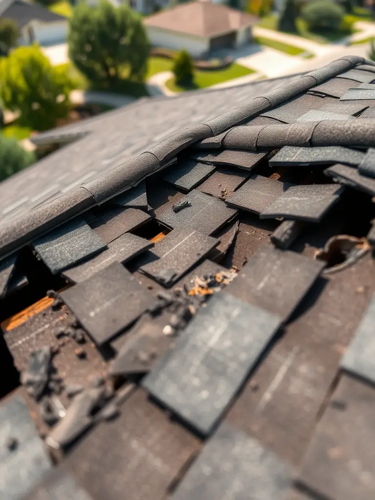 An image depicting a roof heavily damaged by a recent storm, with debris scattered around, illustrating the need for storm damage restoration services provided by Up On Top Roofing.