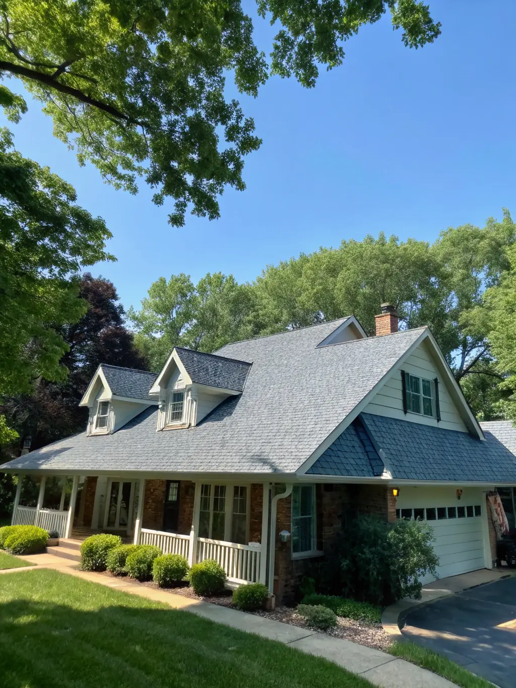 A high-angle, sunlit photograph of a newly installed asphalt shingle roof on a residential home, showcasing clean lines and a secure, professional finish, emphasizing the quality of a residential roof replacement by Up On Top Roofing.