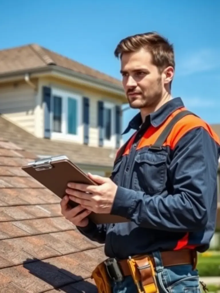 A friendly Up On Top Roofing team member inspecting a roof with a homeowner, using a tablet to document findings, showcasing the company's commitment to customer service and thorough inspections.